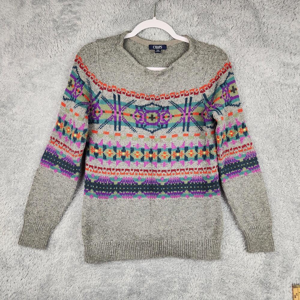 Vintage Chaps Sweater Womens Medium Gray Multicolor Fair Isle Raglan Aztec Knit
